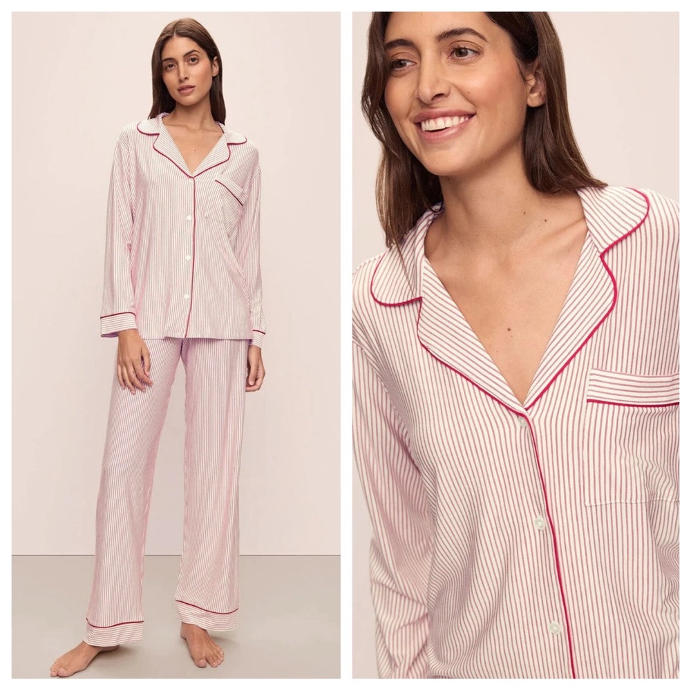 Eberjey Gisele Holly Red Stripe Tencel Modal Printed Long PJ Pajamas Set M NWT
